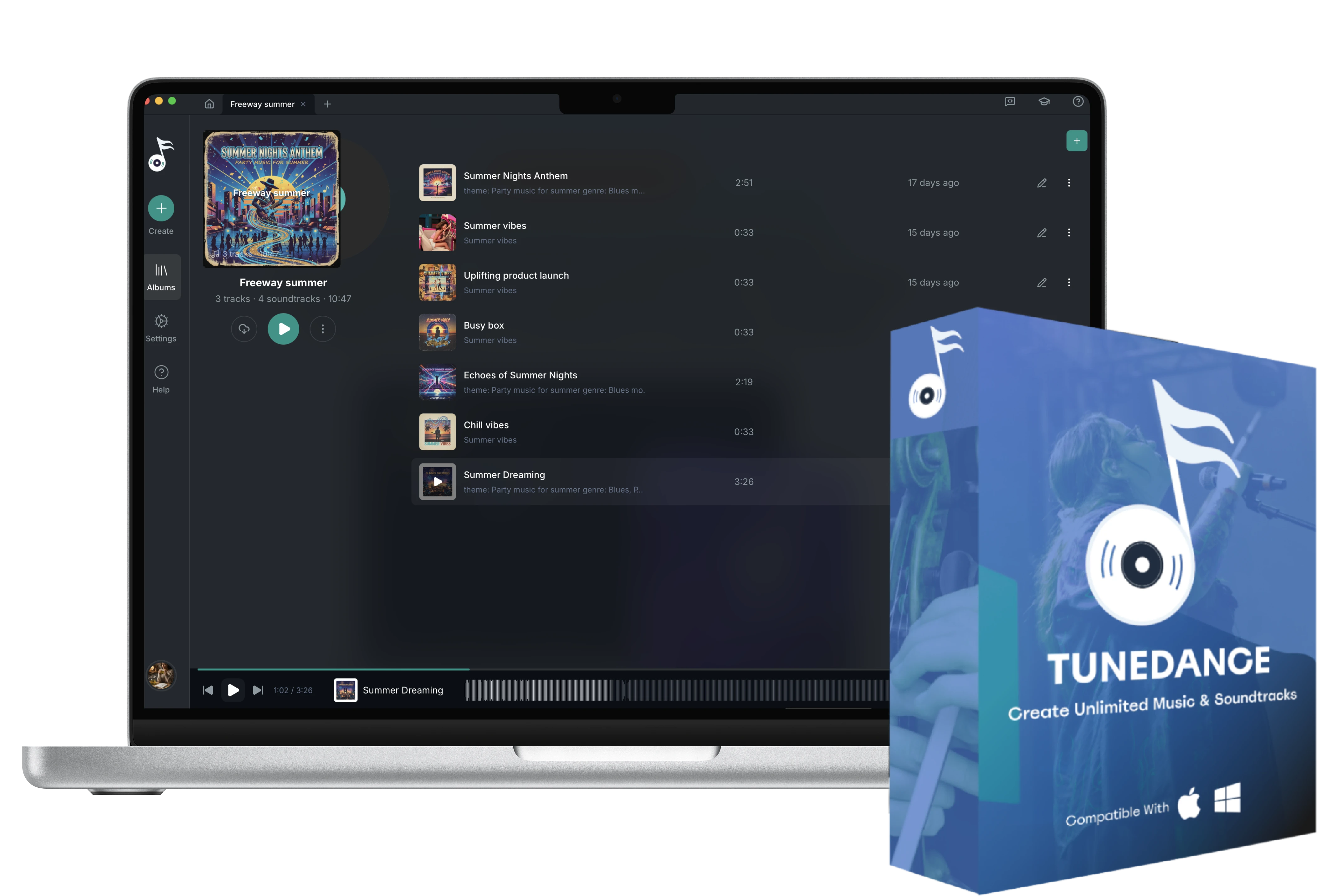 TuneDance desktop app with product box