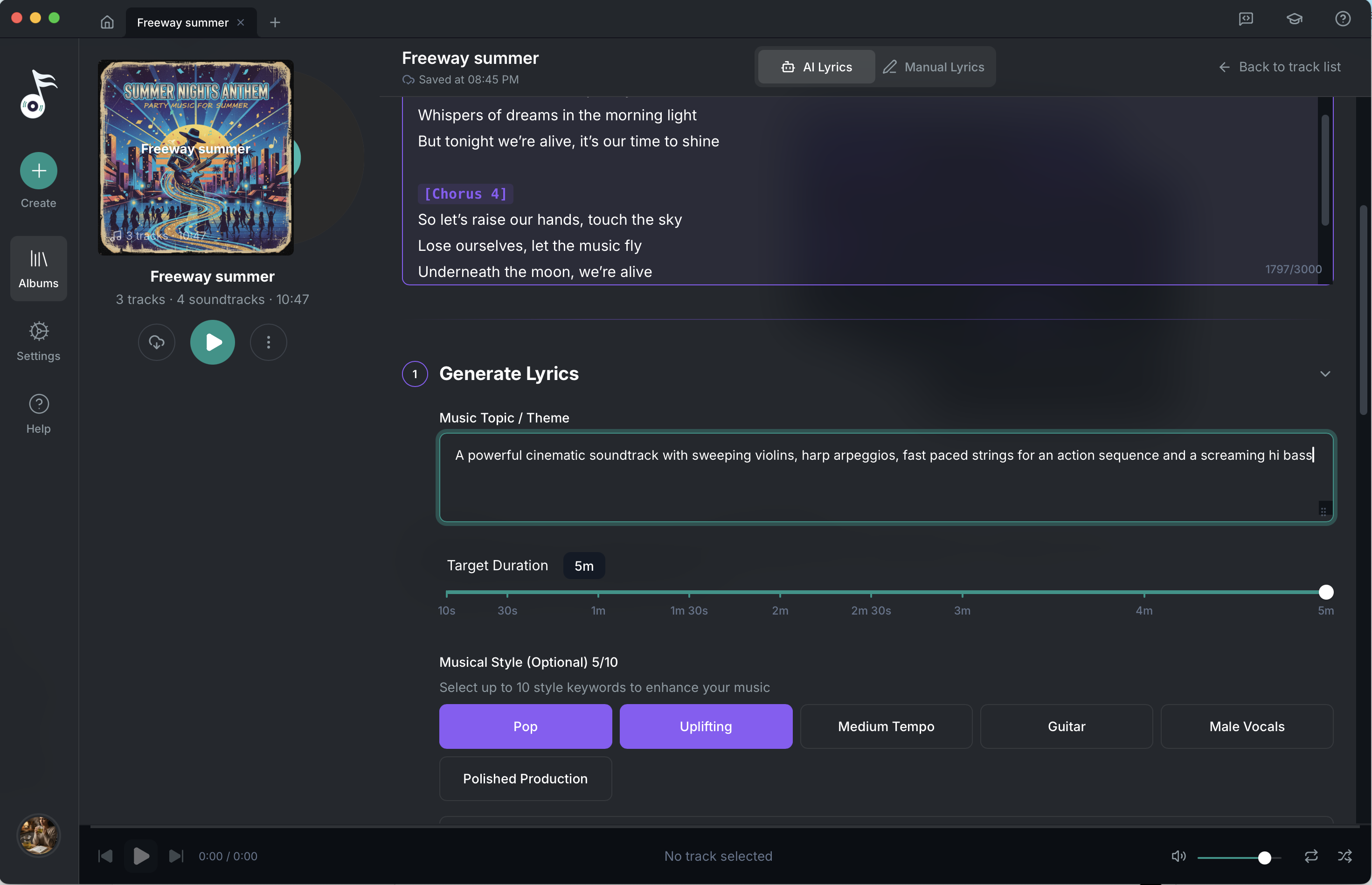 TuneDance soundtrack description and style keyword interface